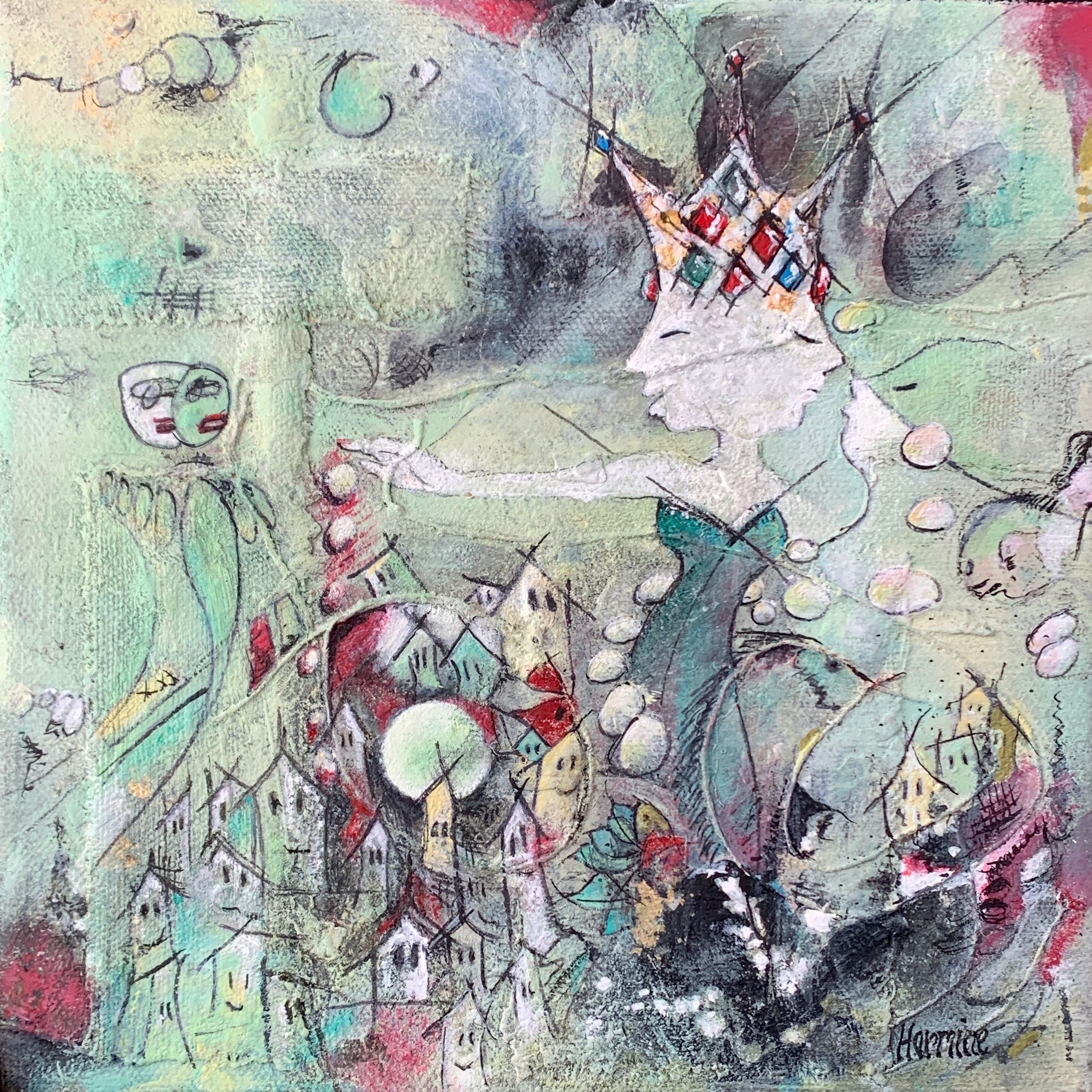 Œuvre figurative symbolique représentant une femme couronnée entourée d’un univers onirique et de villages imaginaires.
