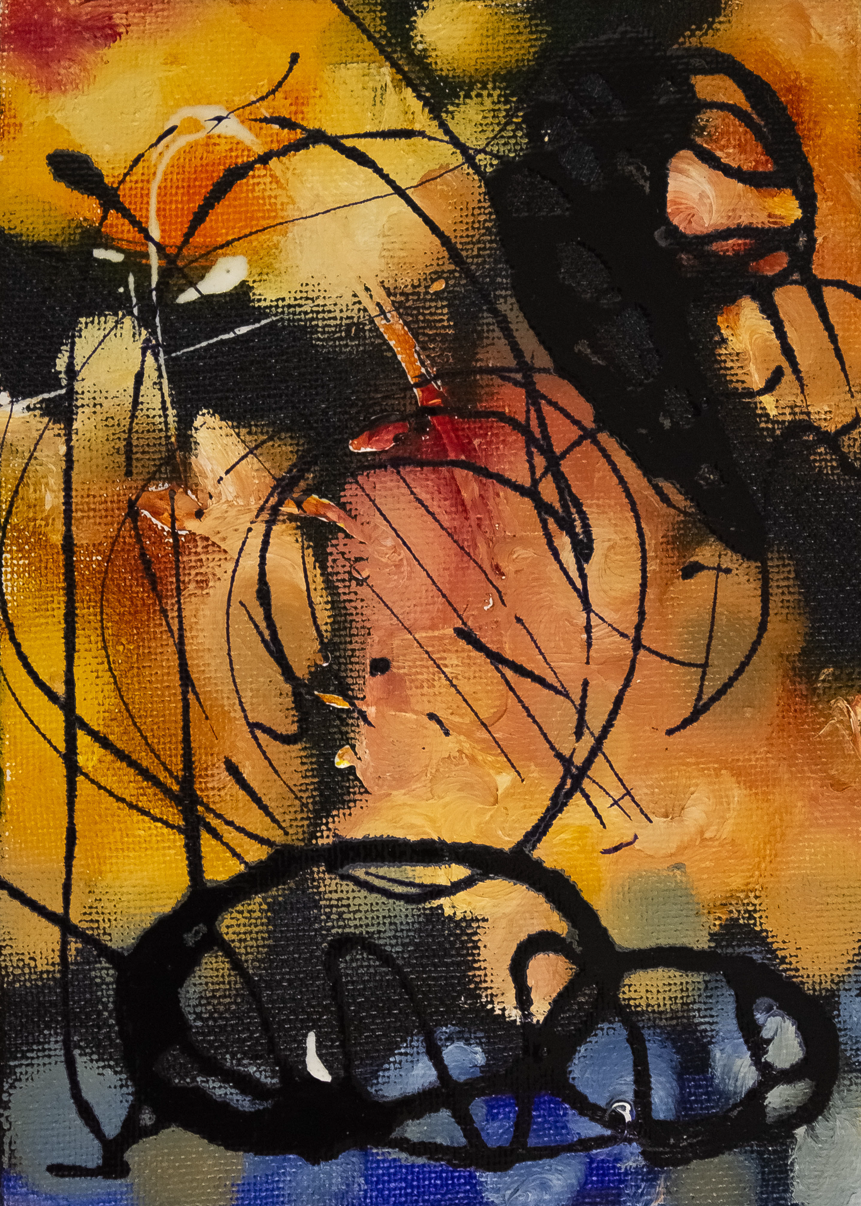 Composition abstraite aux tons orangés, noirs et bleus, composée de lignes spontanées et de formes circulaires évoquant un paysage cosmique fragmenté.