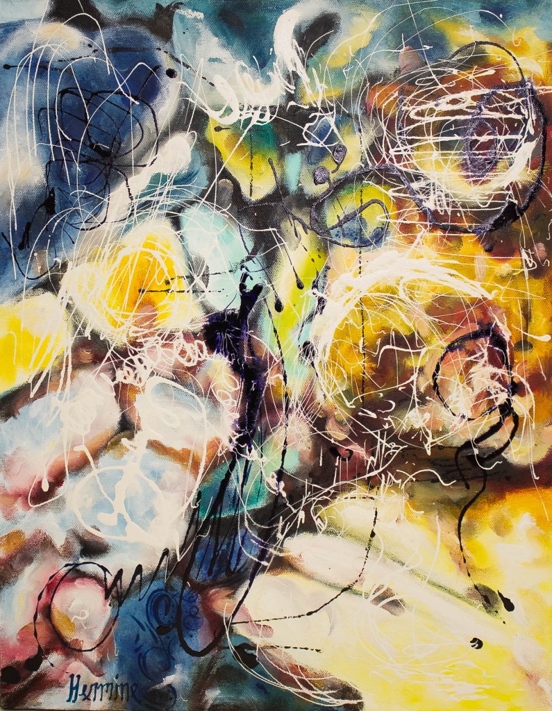 Œuvre abstraite contemporaine aux couleurs lumineuses évoquant un jardin imaginaire en mouvement.
