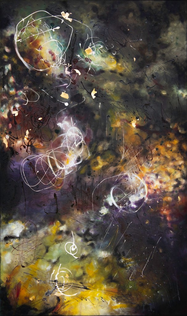 Œuvre abstraite contemporaine aux teintes sombres et lumineuses évoquant un univers organique en expansion.
